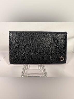 1180: BVLGARI Black Leather Long Wallet Blue Interior